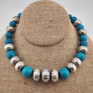 Vintage Faux Turquoise Necklace 20" Southwest Boho Coldwater Creek Silver Etched